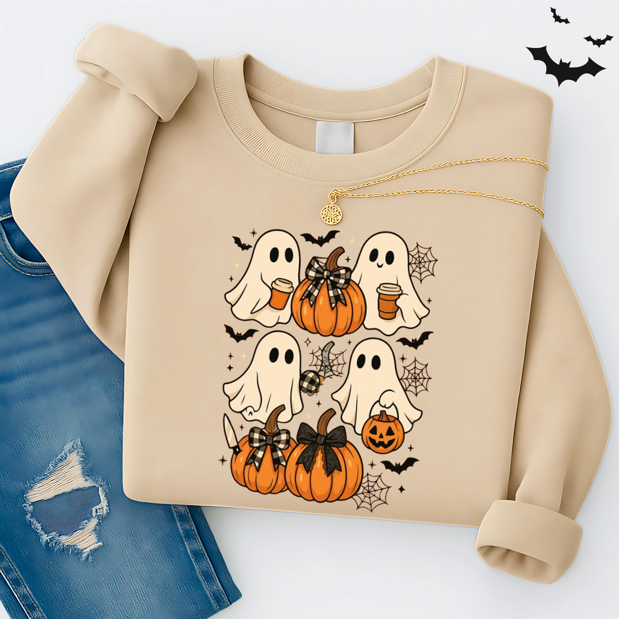 Cute Ghost Pumpkin Halloween Sweatshirt – Fall Cozy Spooky Crewneck for Women