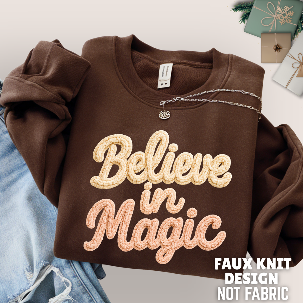 Believe in Magic Faux Crochet Christmas Shirt, Sweatshirt, or Hoodie