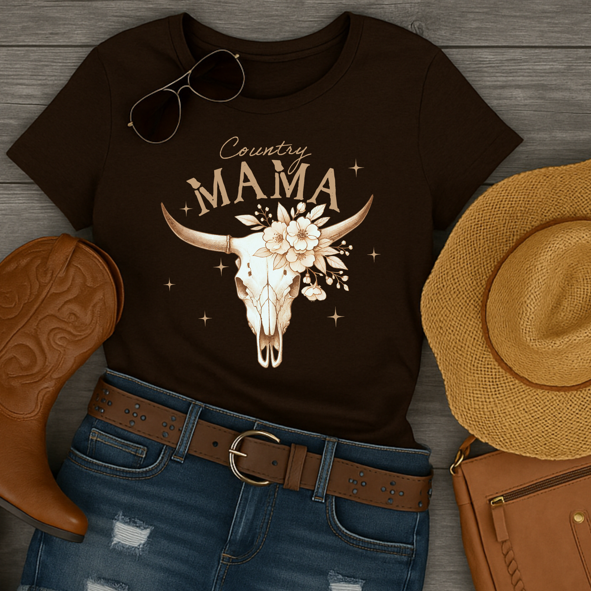 Country Mama Shirt – Western Cow Skull Floral Graphic Tee for Women