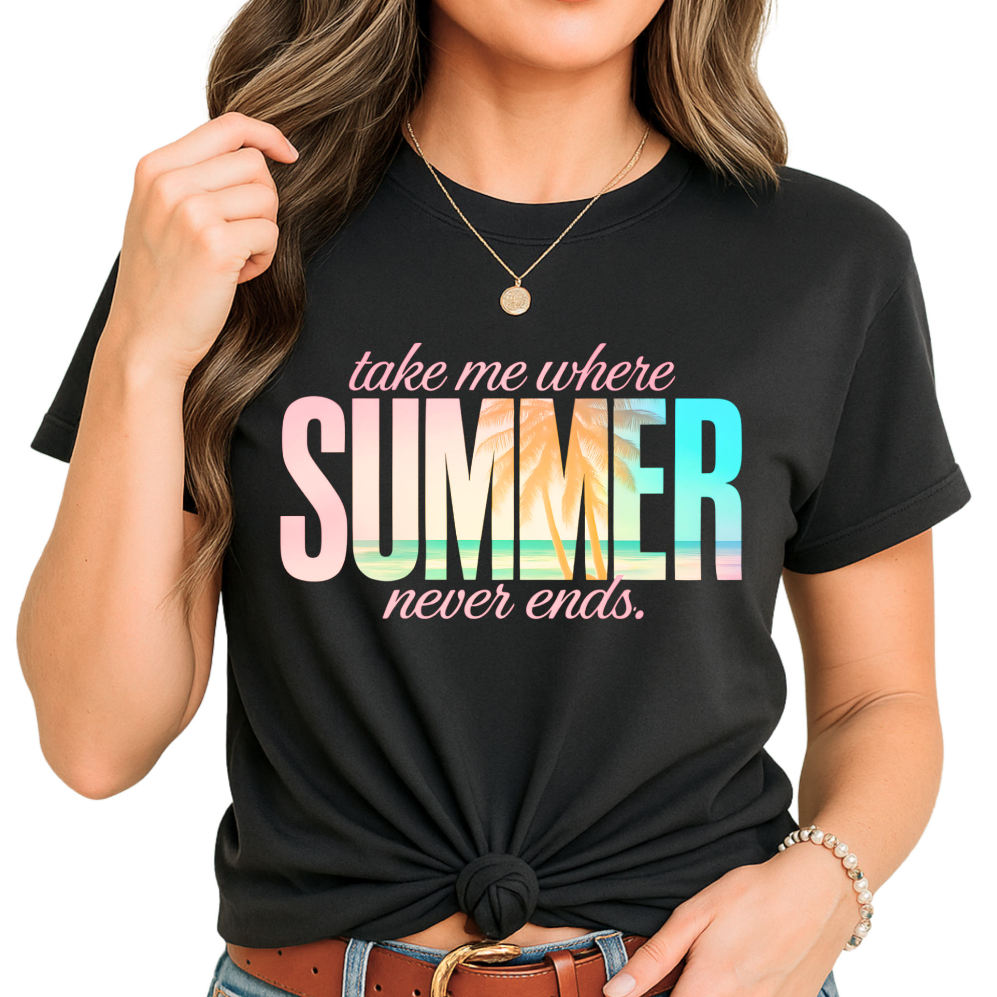 Take Me Where Summer Never Ends T-Shirt – Sunset Beach Tee for Women