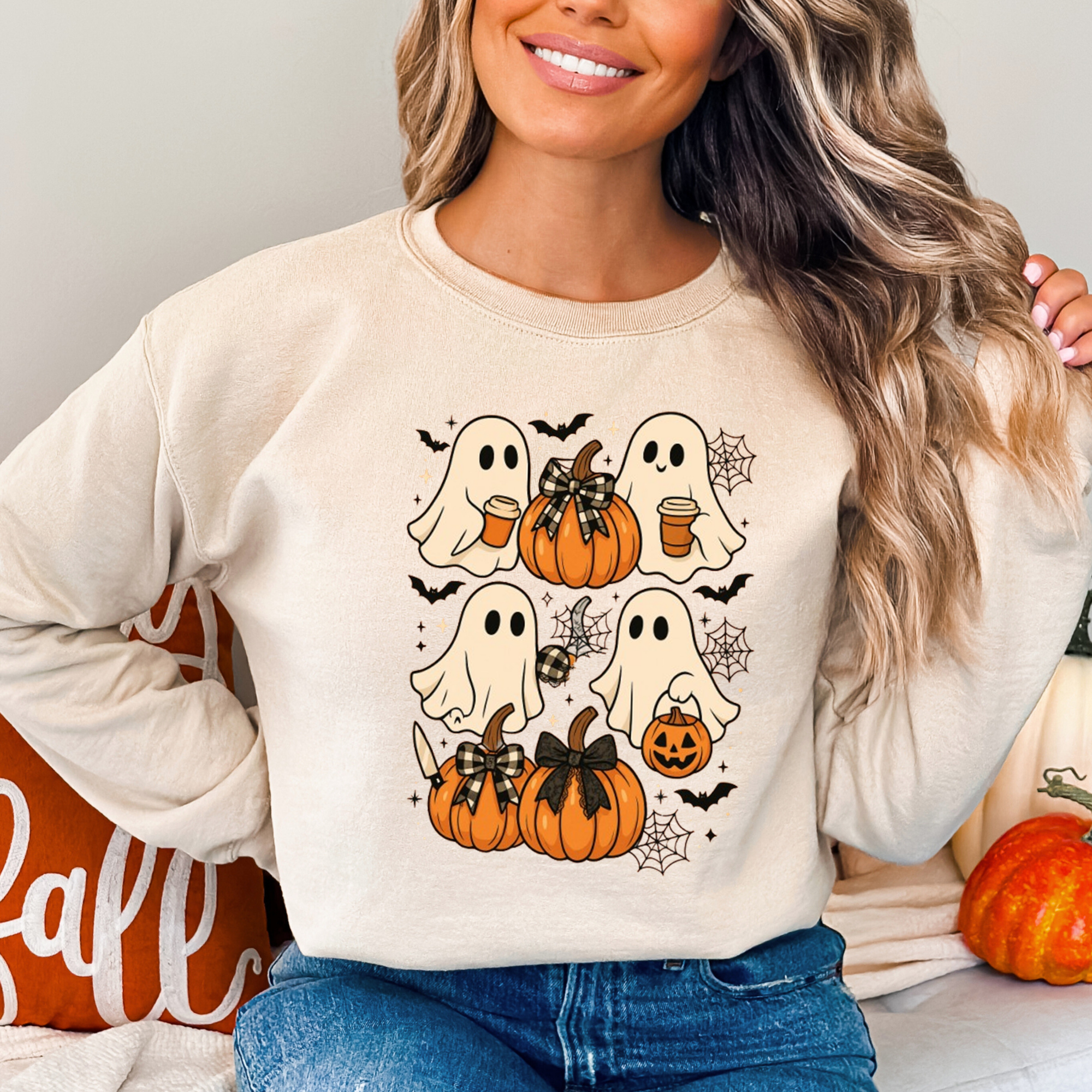 Cute Ghost Pumpkin Halloween Sweatshirt – Fall Cozy Spooky Crewneck for Women