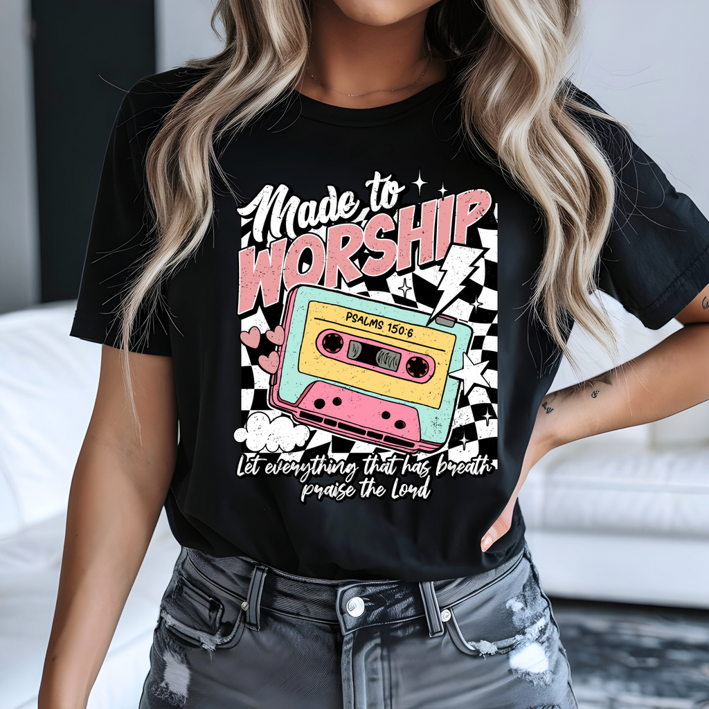 Made to Worship Retro Cassette Graphic Tee | Psalms 150:6 Praise Shirt