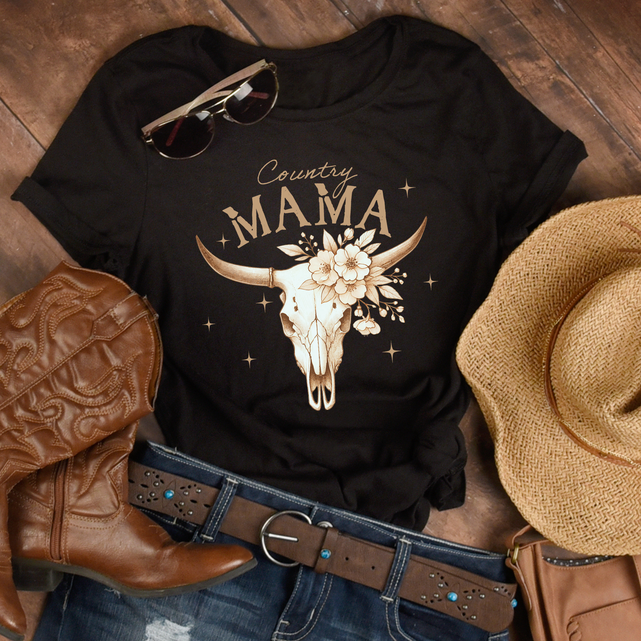 Country Mama Shirt – Western Cow Skull Floral Graphic Tee for Women