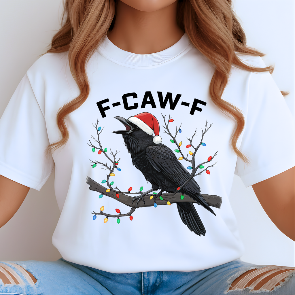 F-CAW-F Funny Christmas Crow Shirt | Raven Santa Hat Tee