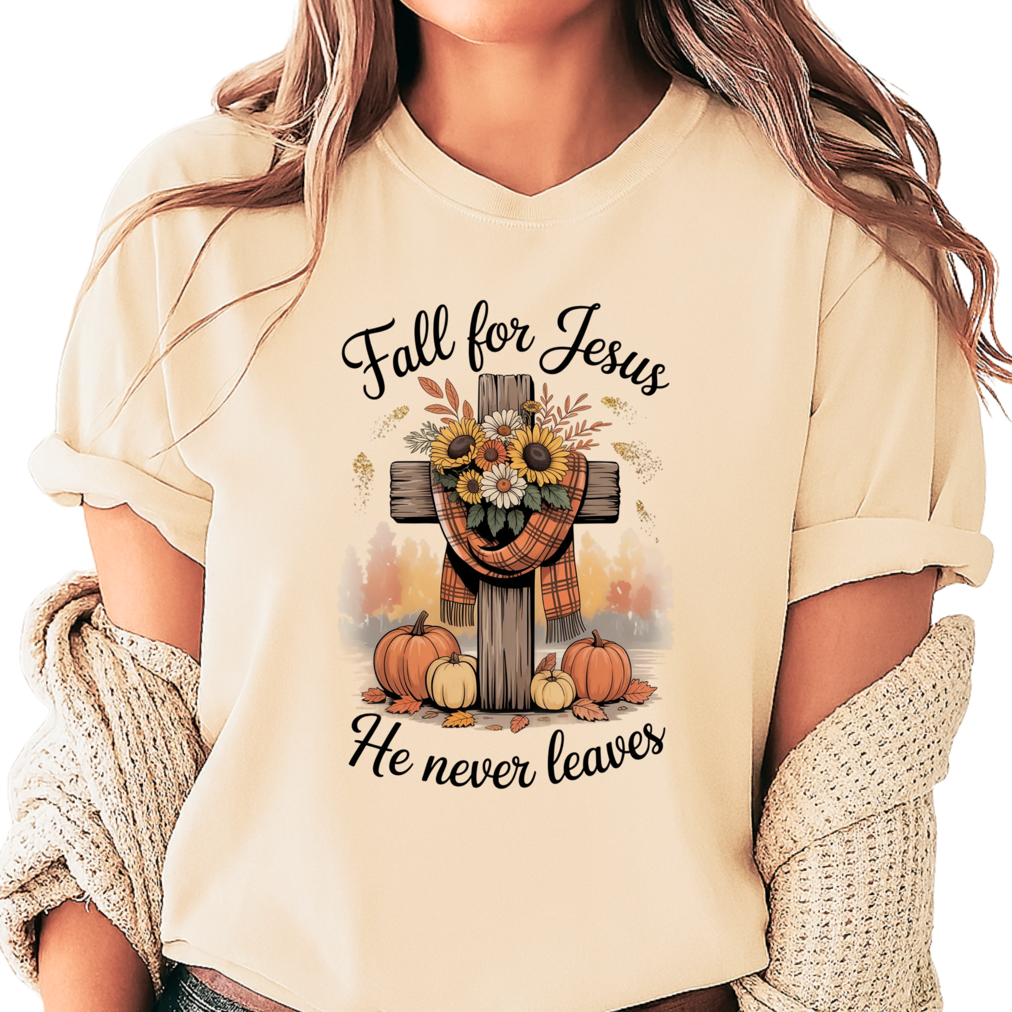 Christian Fall Shirt – “Fall for Jesus, He Never Leaves” – Faith Graphic Tee