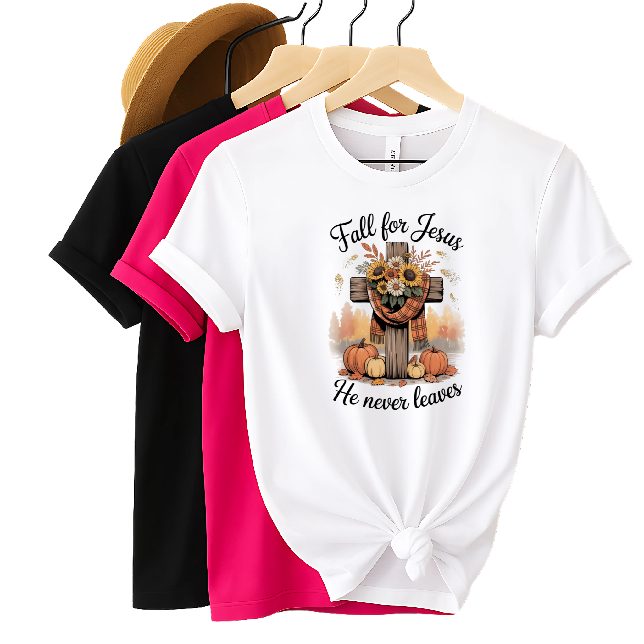 Christian Fall Shirt – “Fall for Jesus, He Never Leaves” – Faith Graphic Tee