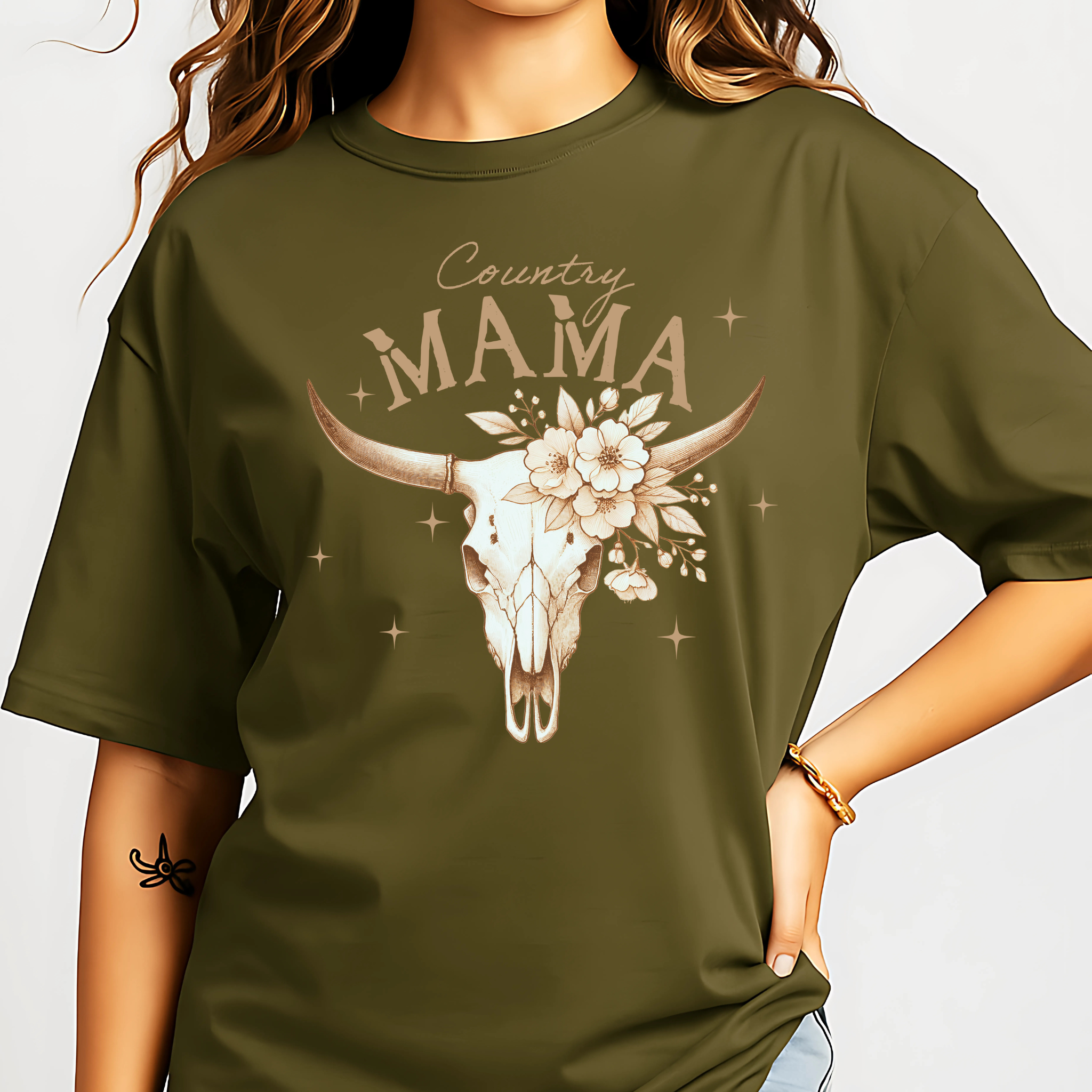 Country Mama Shirt – Western Cow Skull Floral Graphic Tee for Women