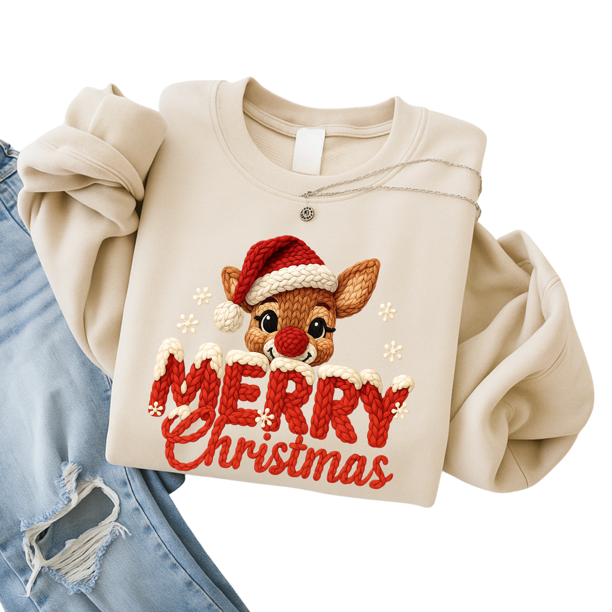 Merry Christmas Reindeer Faux Crochet Shirt, Sweatshirt, or Hoodie