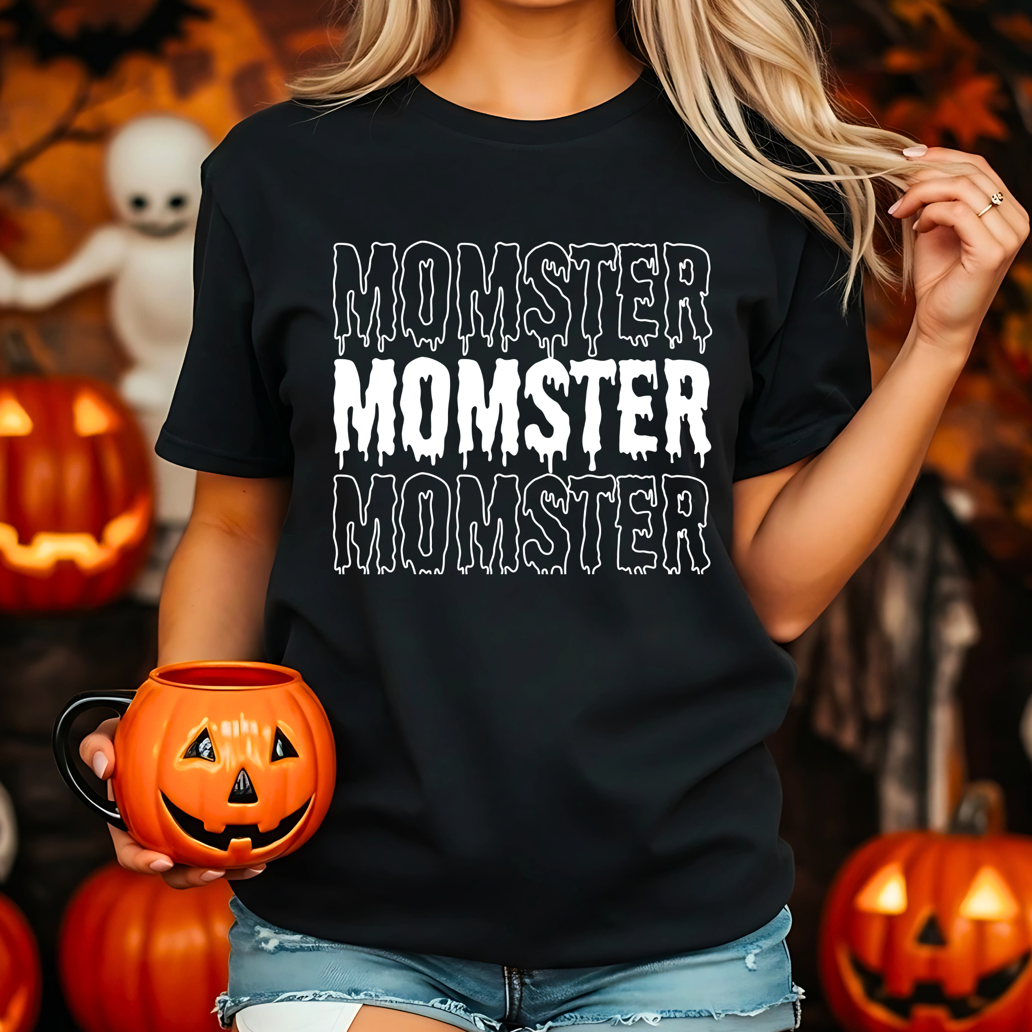 Momster Halloween T-Shirt – Funny Fall Graphic Tee for Women