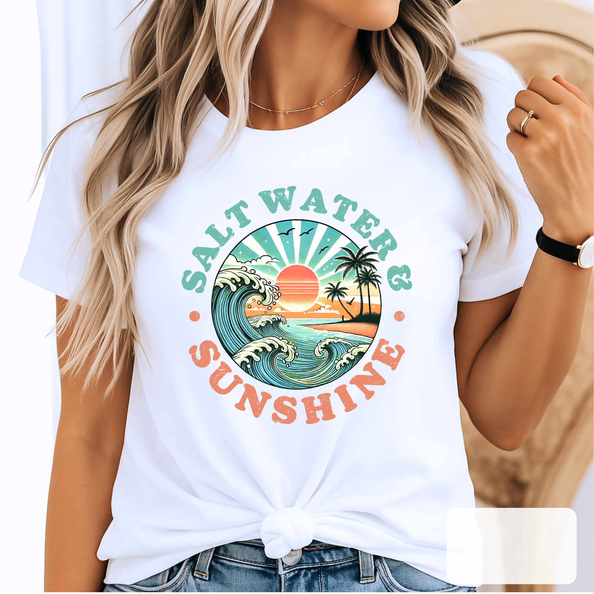 Salt Water & Sunshine T-Shirt – Retro Summer Beach Tee for Women & Teens | Wave & Palm Graphic Shirt
