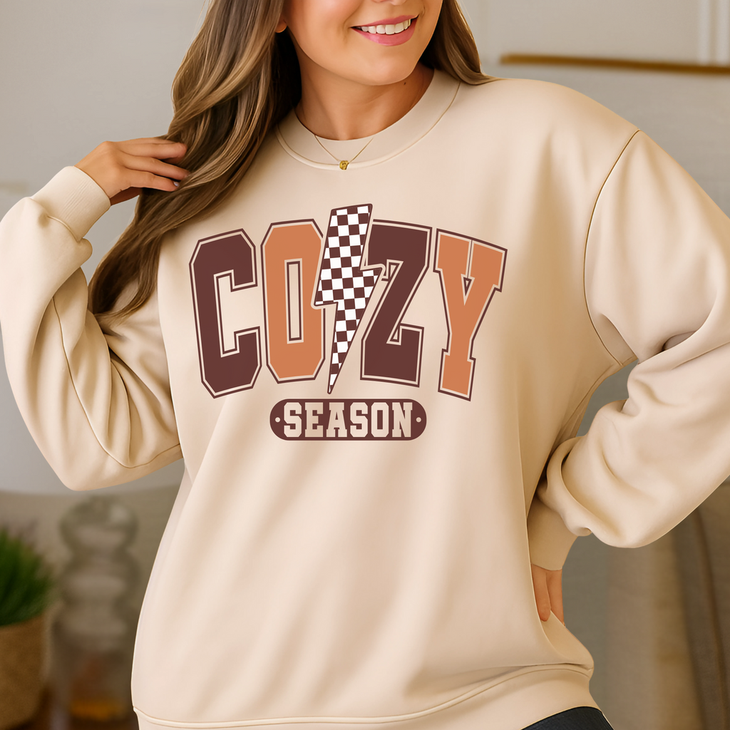 Cozy Season Sweatshirt – Fall Graphic Pullover – Checker Lightning Bolt – Cute Autumn Crewneck for Women