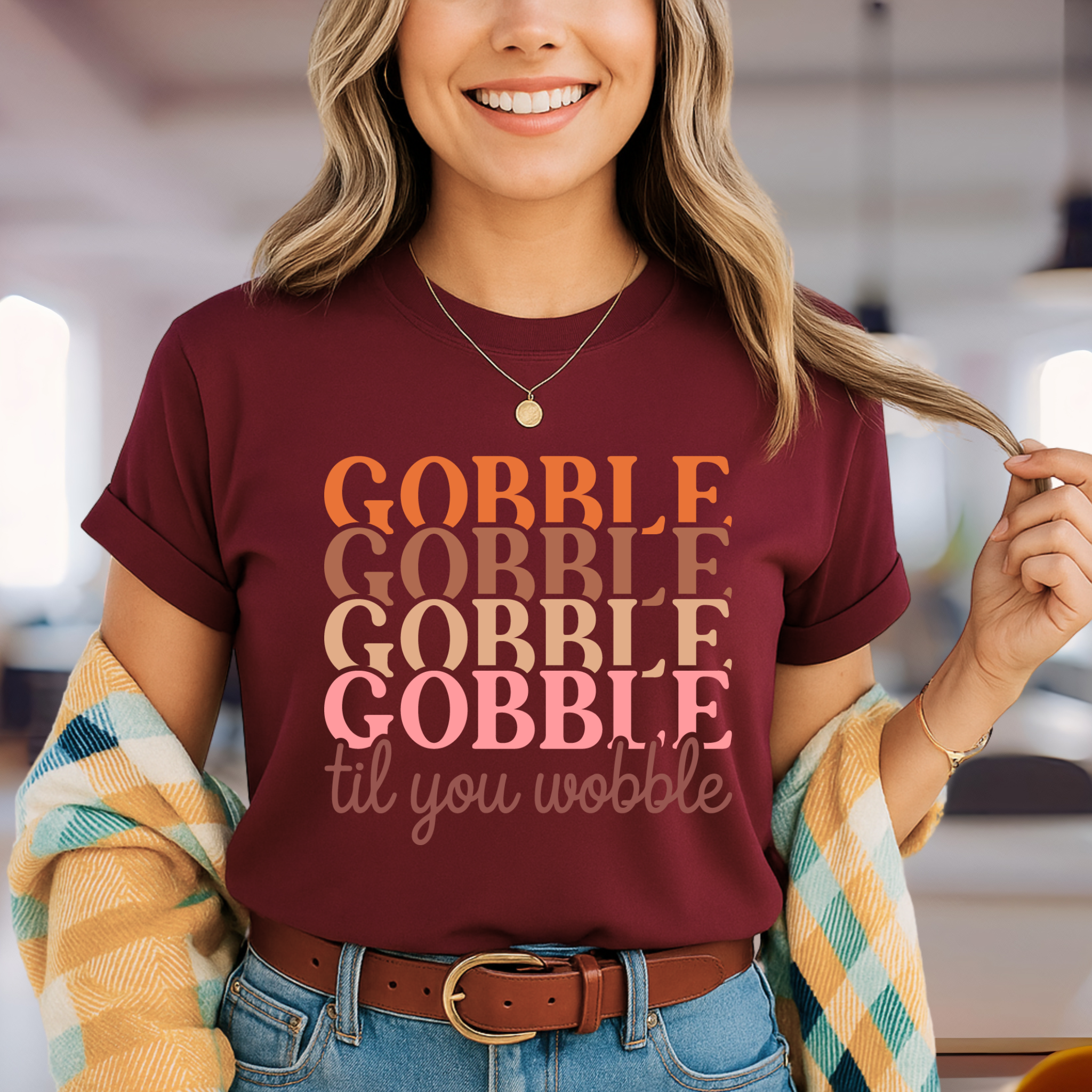 Gobble Til You Wobble Thanksgiving Shirt – Women's Fall Graphic Tee – Cute Turkey Day T-Shirt