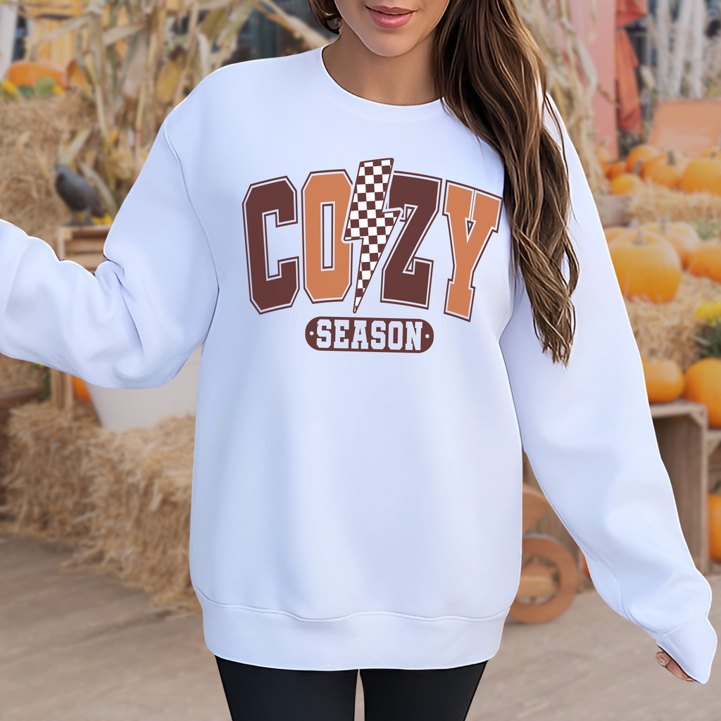 Cozy Season Sweatshirt – Fall Graphic Pullover – Checker Lightning Bolt – Cute Autumn Crewneck for Women