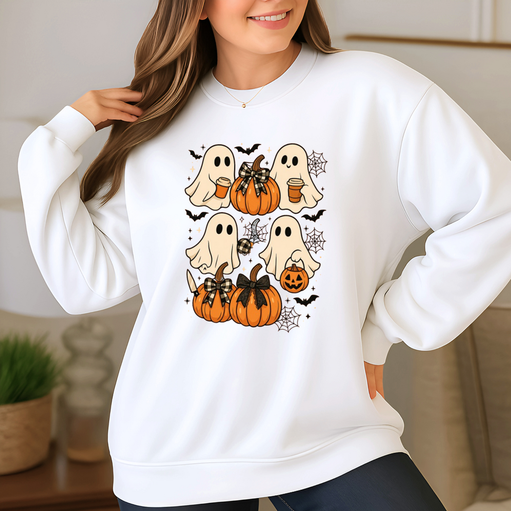 Cute Ghost Pumpkin Halloween Sweatshirt – Fall Cozy Spooky Crewneck for Women