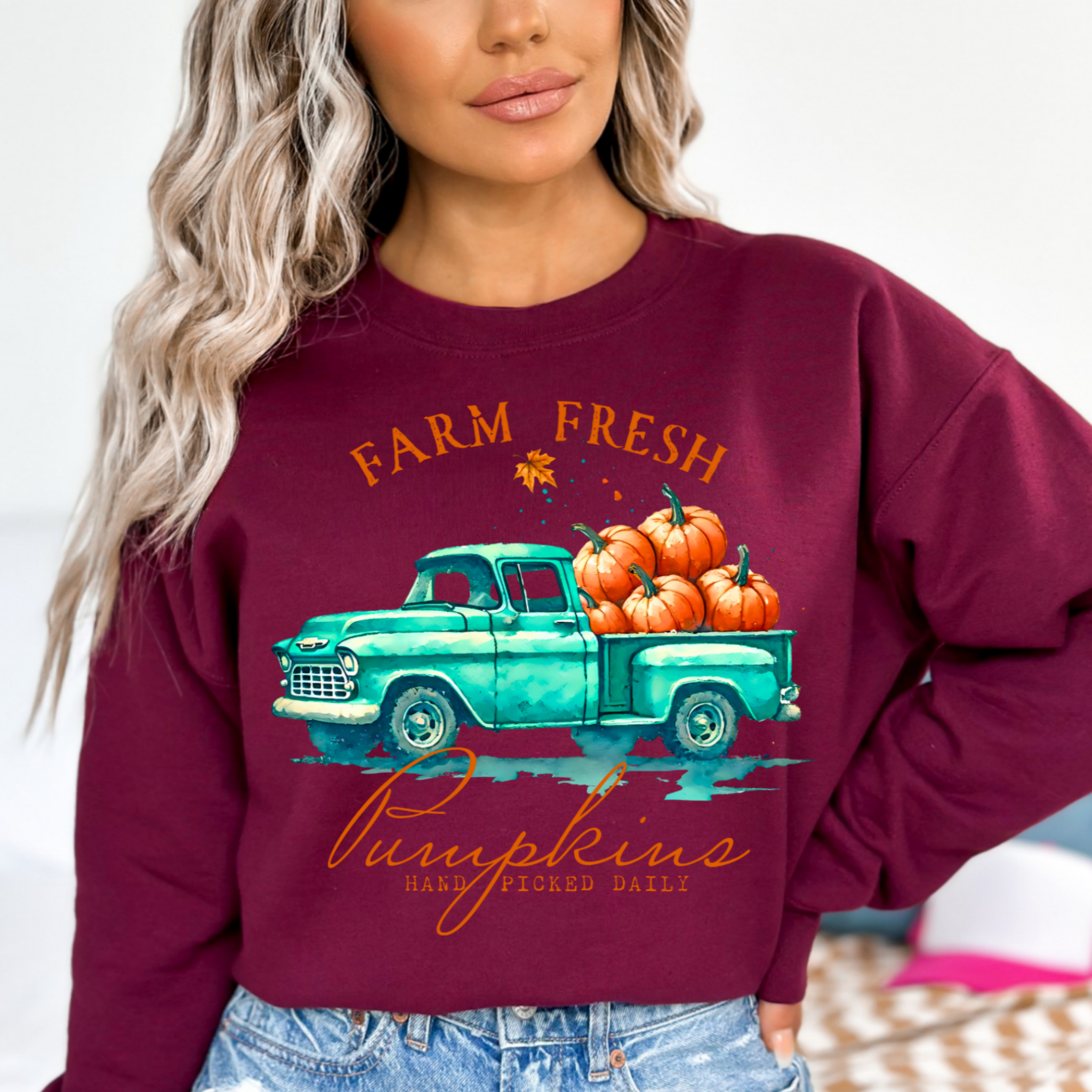 Farm Fresh Pumpkins Sweatshirt – Vintage Truck Fall Crewneck – Thanksgiving Autumn Pullover for Women