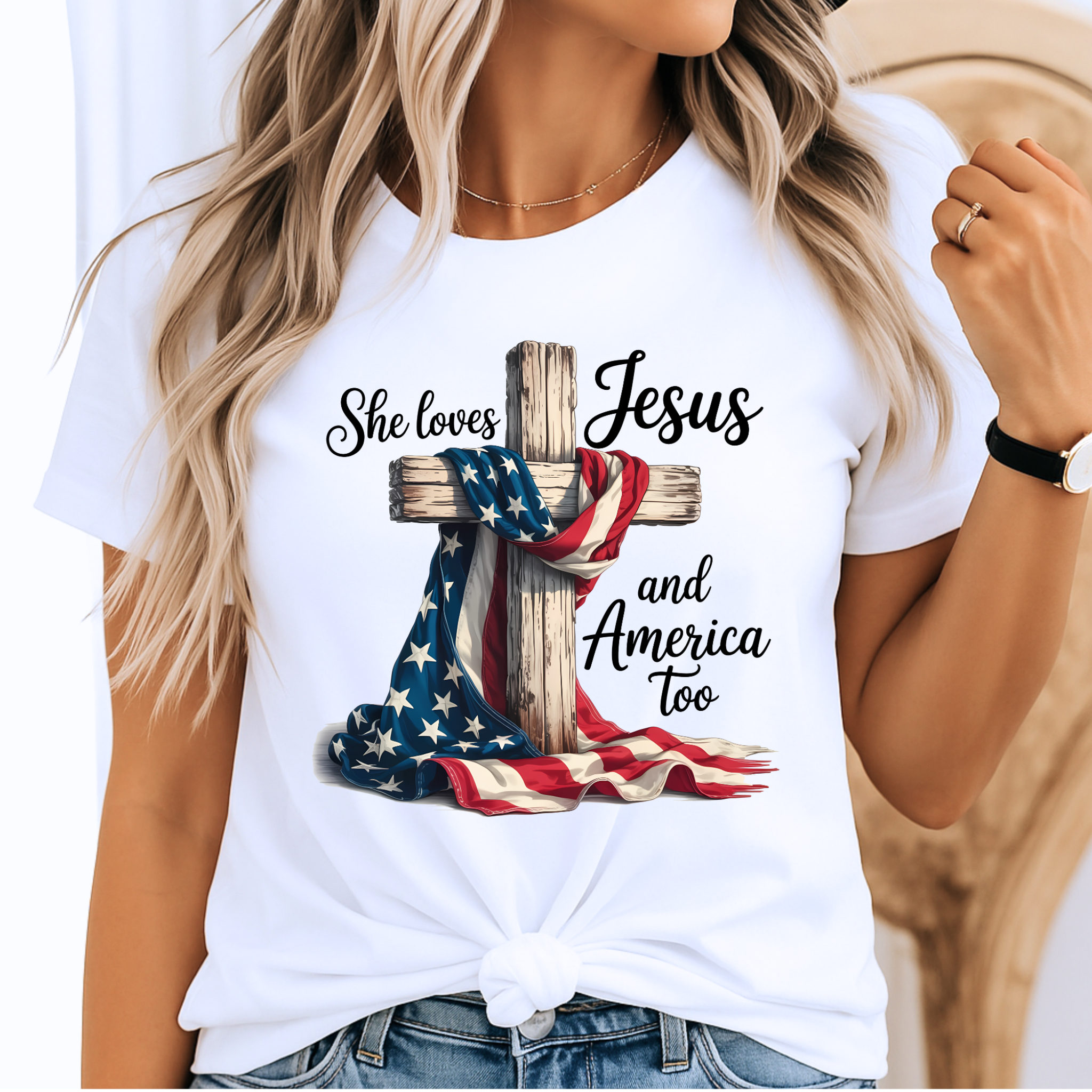 She Loves Jesus and America Too Shirt – Patriotic Faith Tee
