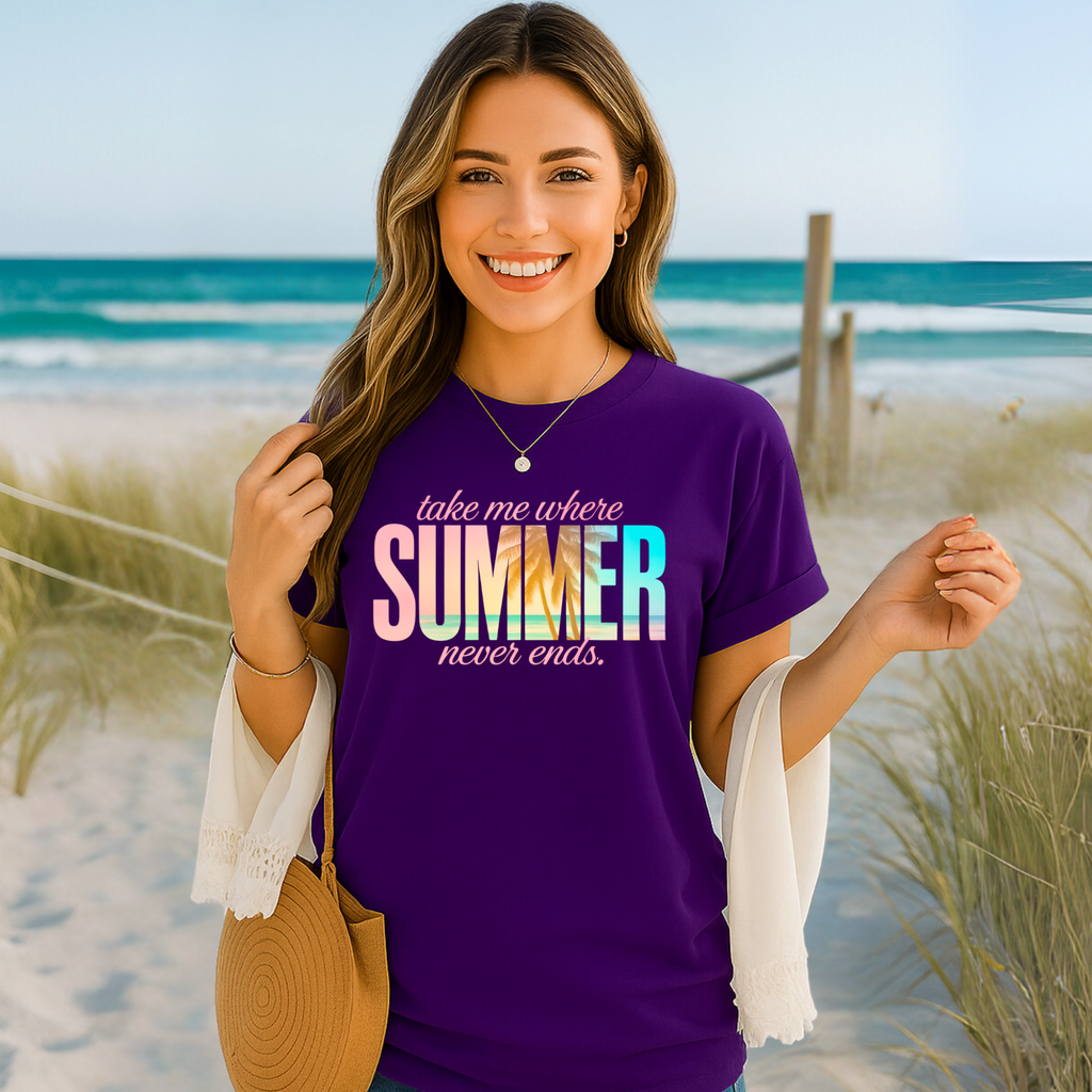 Take Me Where Summer Never Ends T-Shirt – Sunset Beach Tee for Women