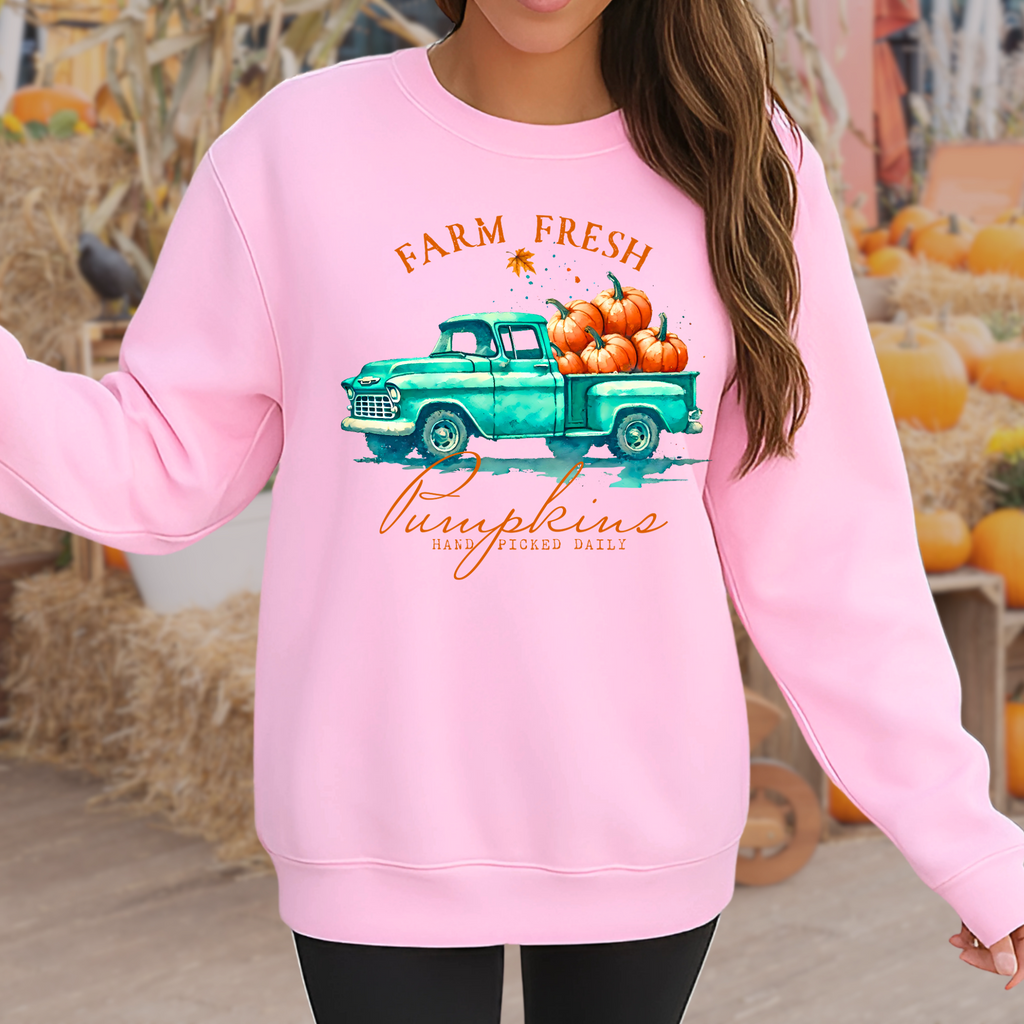 Farm Fresh Pumpkins Sweatshirt – Vintage Truck Fall Crewneck – Thanksgiving Autumn Pullover for Women