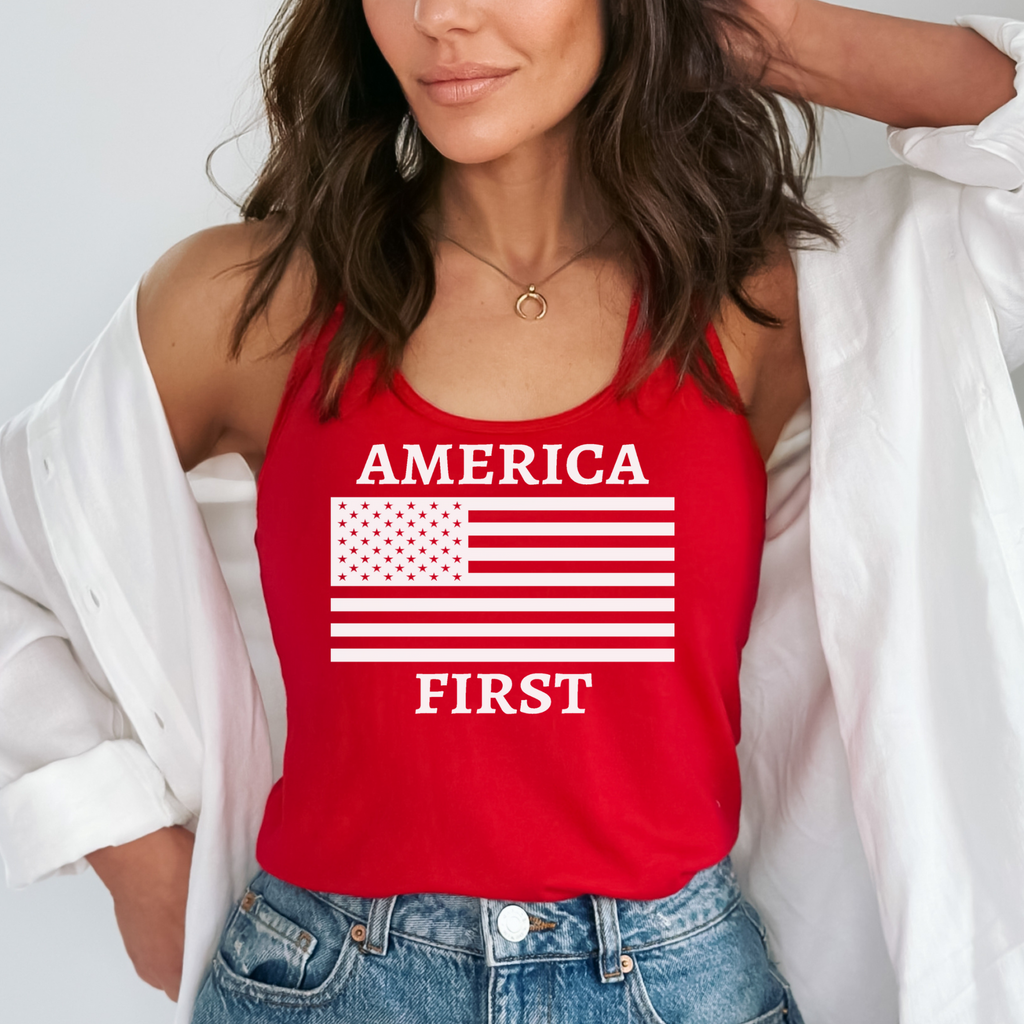 America First Racerback Tank | Patriotic Women’s Workout & Summer Tank Top