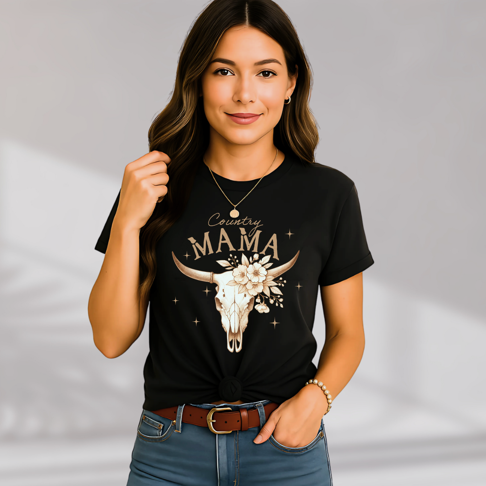 Country Mama Shirt – Western Cow Skull Floral Graphic Tee for Women
