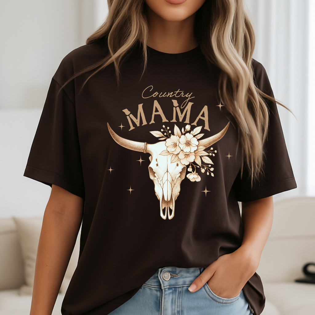 Country Mama Shirt – Western Cow Skull Floral Graphic Tee for Women