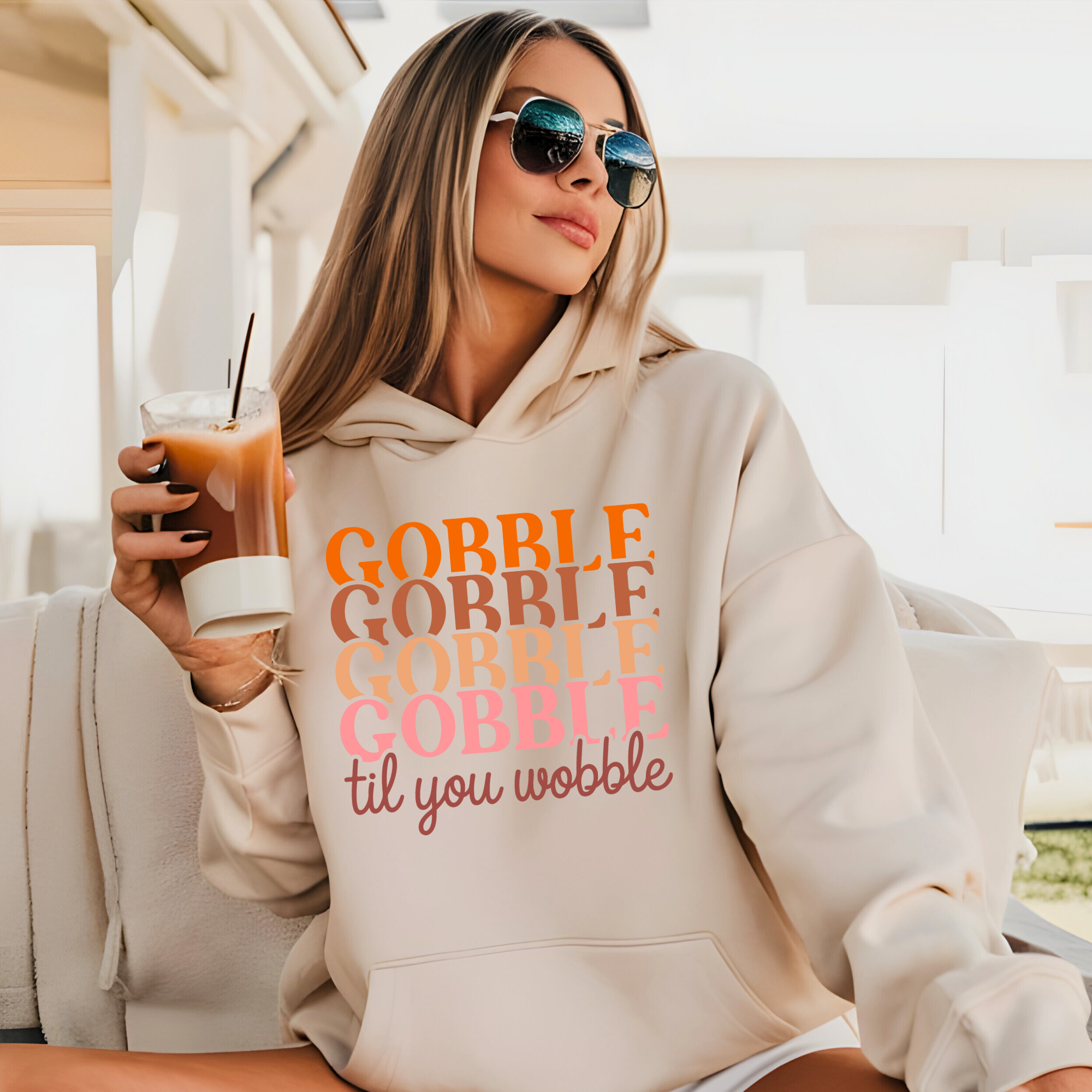 Gobble Til You Wobble Hoodie – Thanksgiving Sweatshirt for Women – Cute Fall Pullover in Maroon, Military Green, Black, Cream & More
